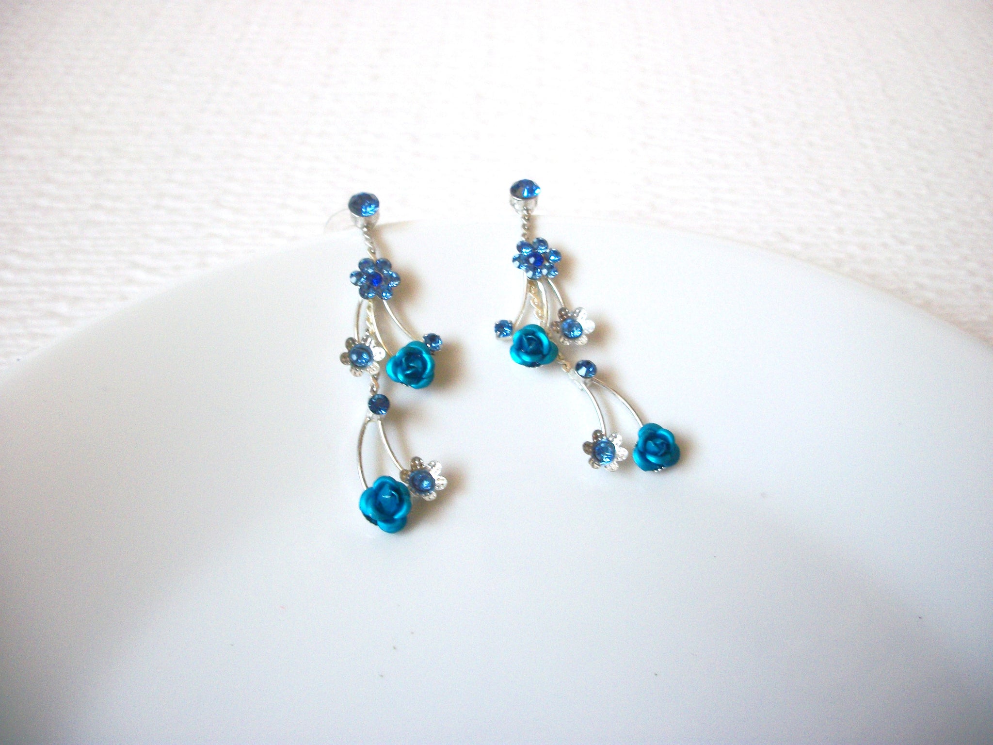 Blue Silver Long Rhinestone Flower Dangle Earrings 121020