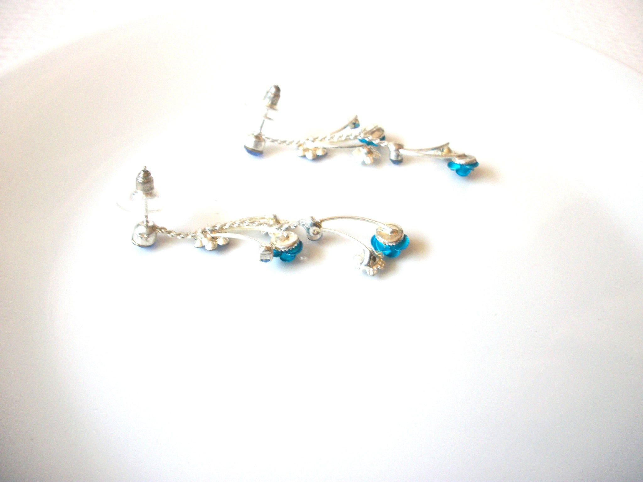 Blue Silver Long Rhinestone Flower Dangle Earrings 121020