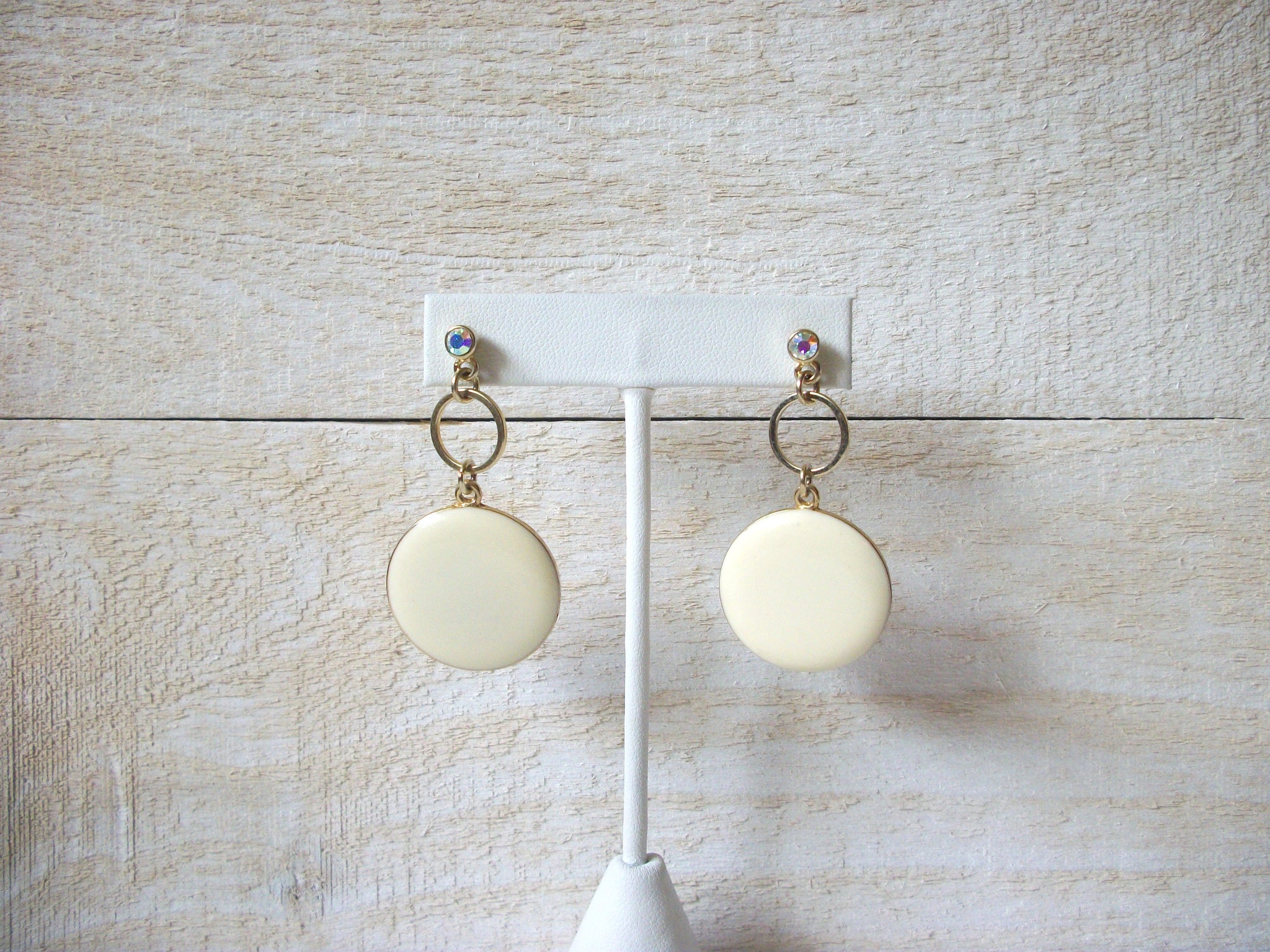 Retro Enameled Cream Gold Rhinestone Earrings 60520