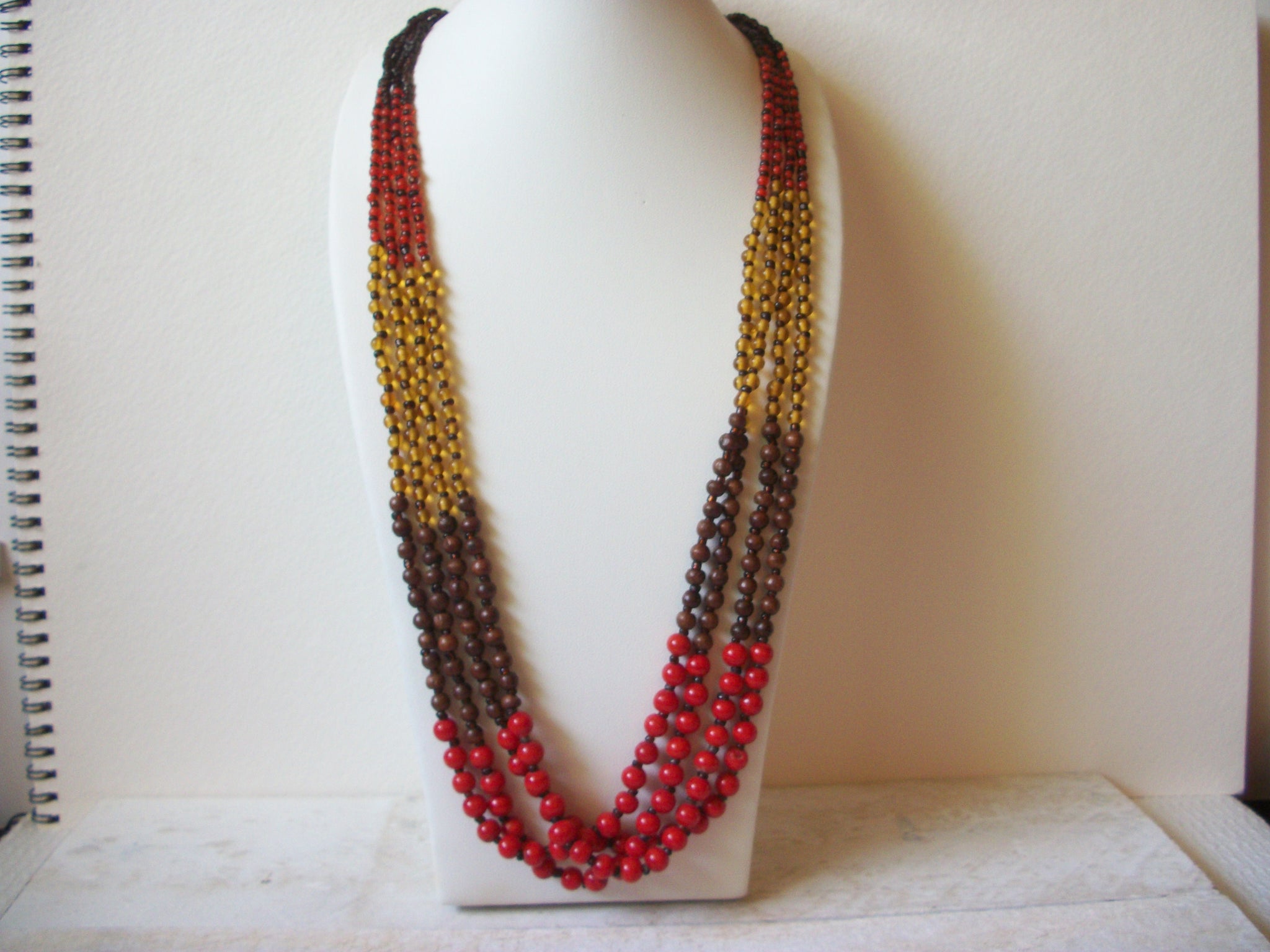 Vintage Red Gold Brown Glass Beads Necklace 60520