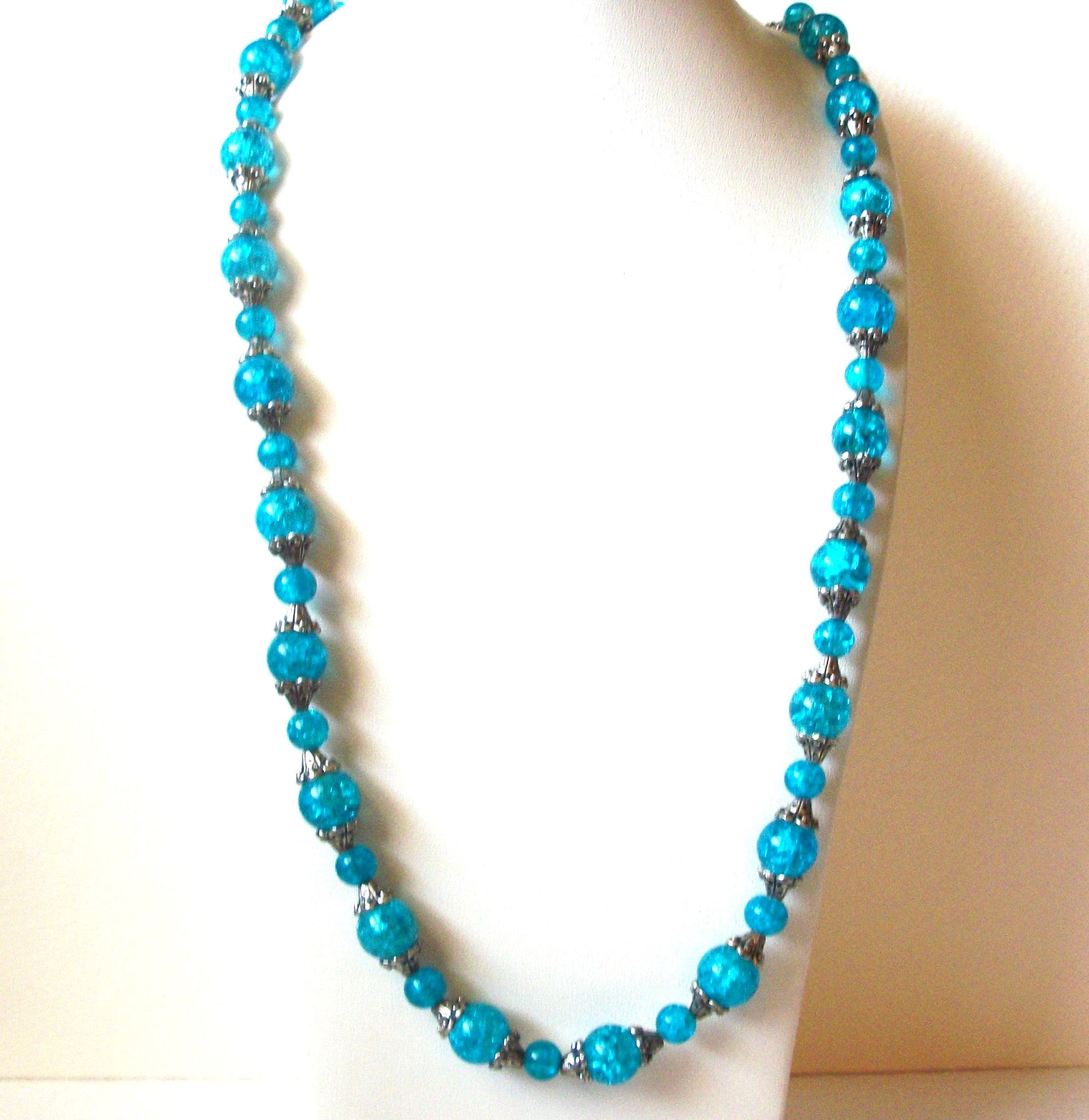 Long Blue Crackle Glass Beaded Necklace 121120