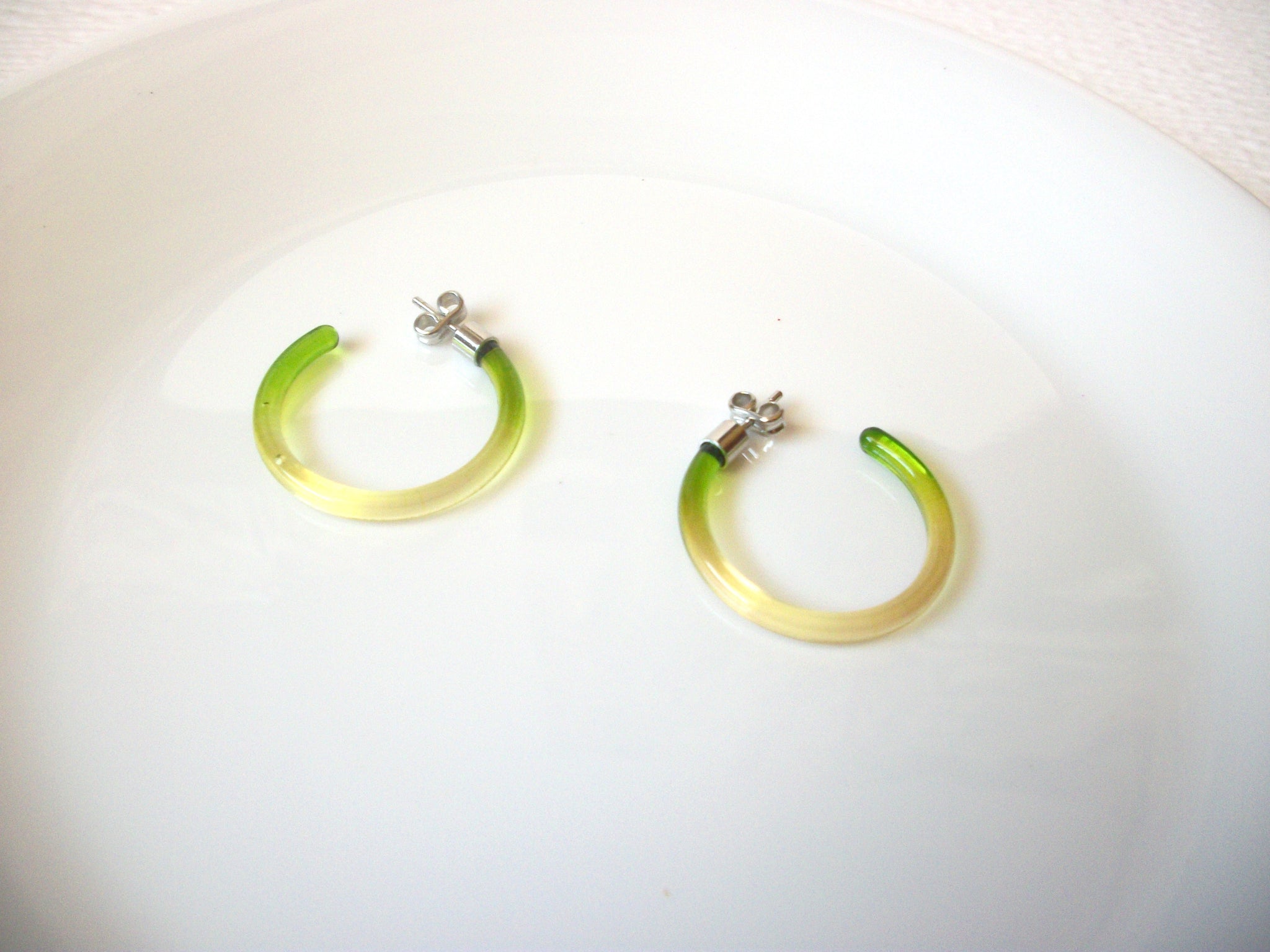 Hand Made Green Yellow Lucite Hoop Earrings 121520