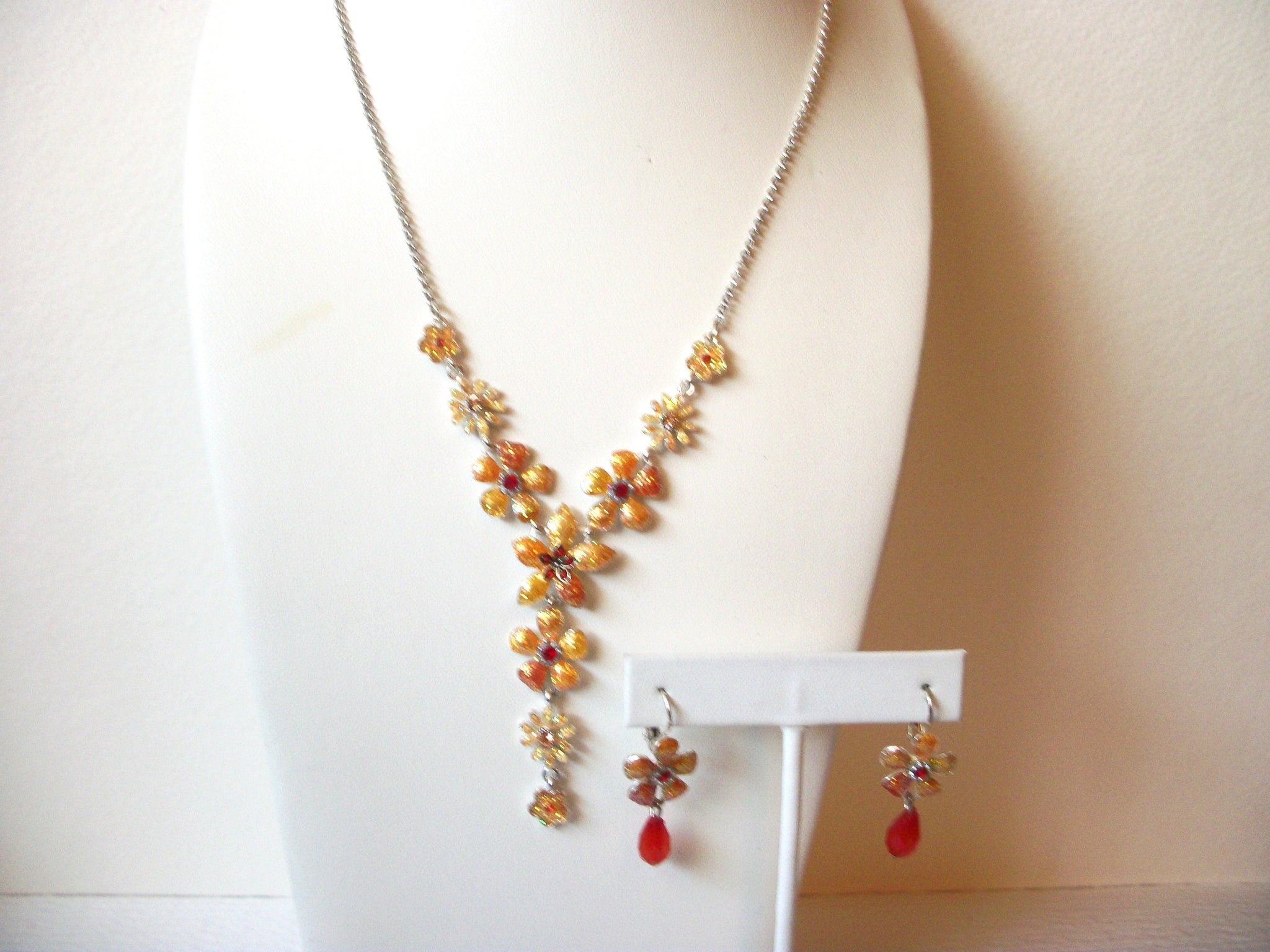 Retro Hibiscus Flower Rhinestone Necklace Earring Set 121120