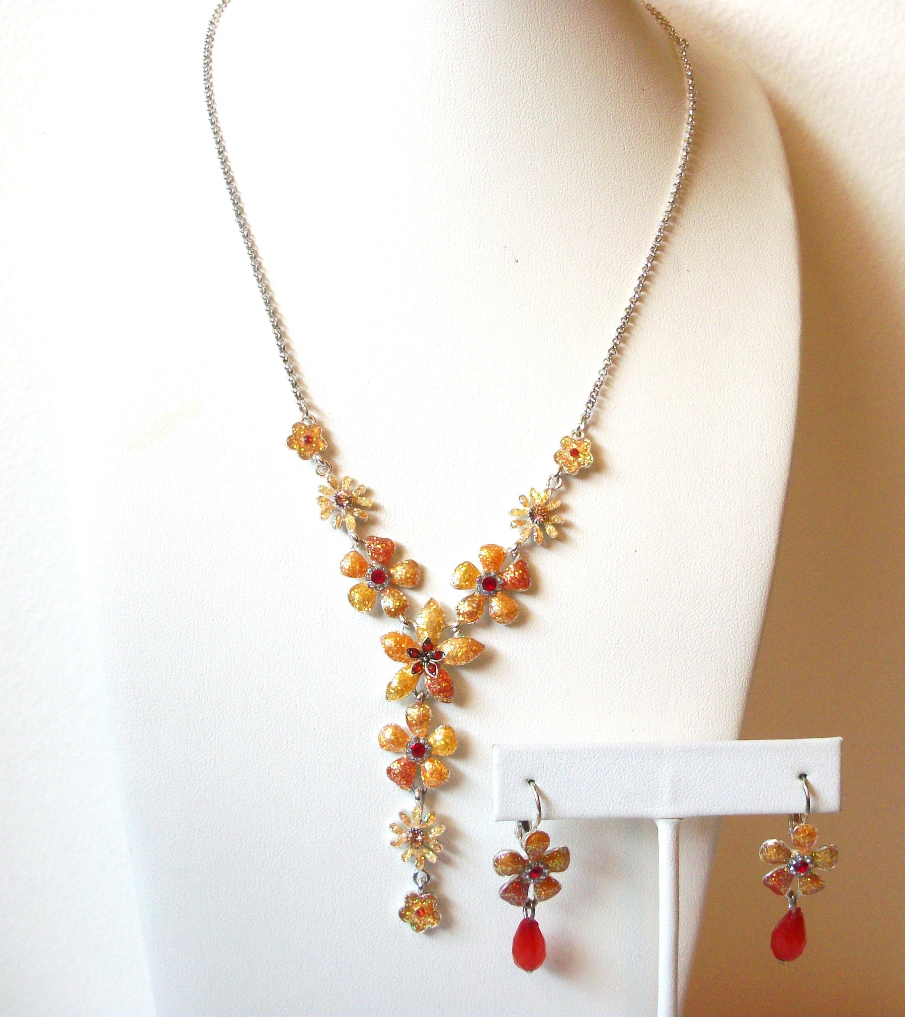 Retro Hibiscus Flower Rhinestone Necklace Earring Set 121120