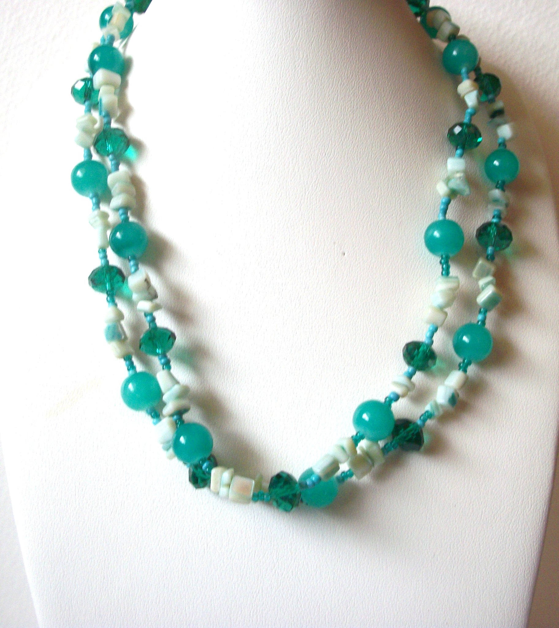 Retro Teal White Glass Stone Necklace 121220