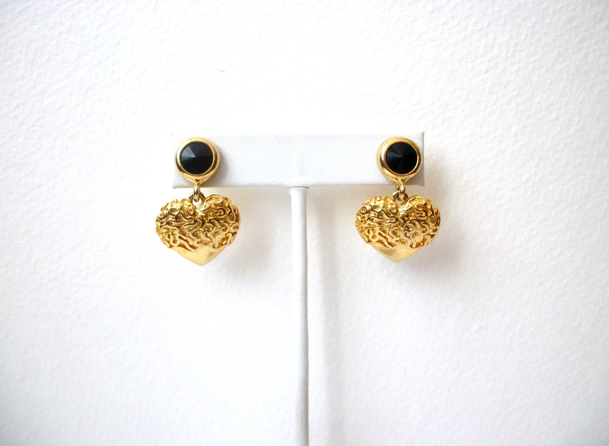 Vintage Gold Toned Black Heart Earrings 121820