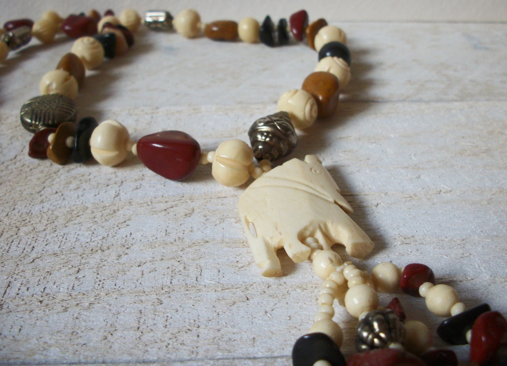 African Vintage Elephant Bone Glass Stone Beads Necklace 62420