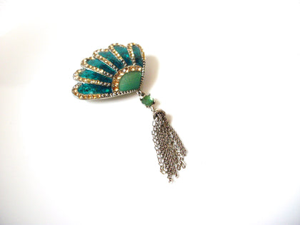 Vintage LC Stamped Fan Tassel Rhinestone Brooch Pin 121820