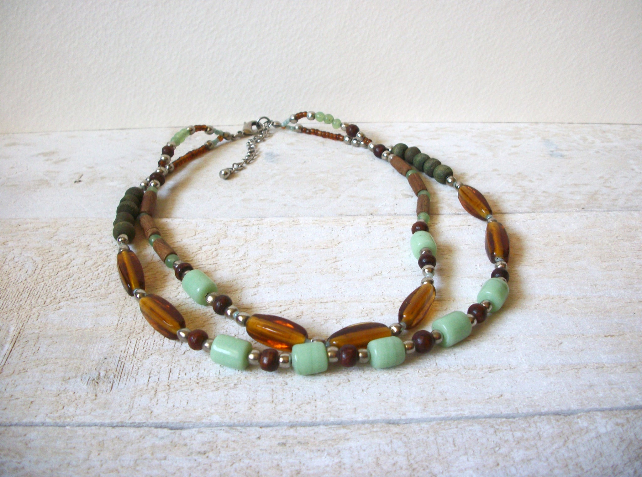 Vintage Brown Mint Green Glass Beads Necklace 61720