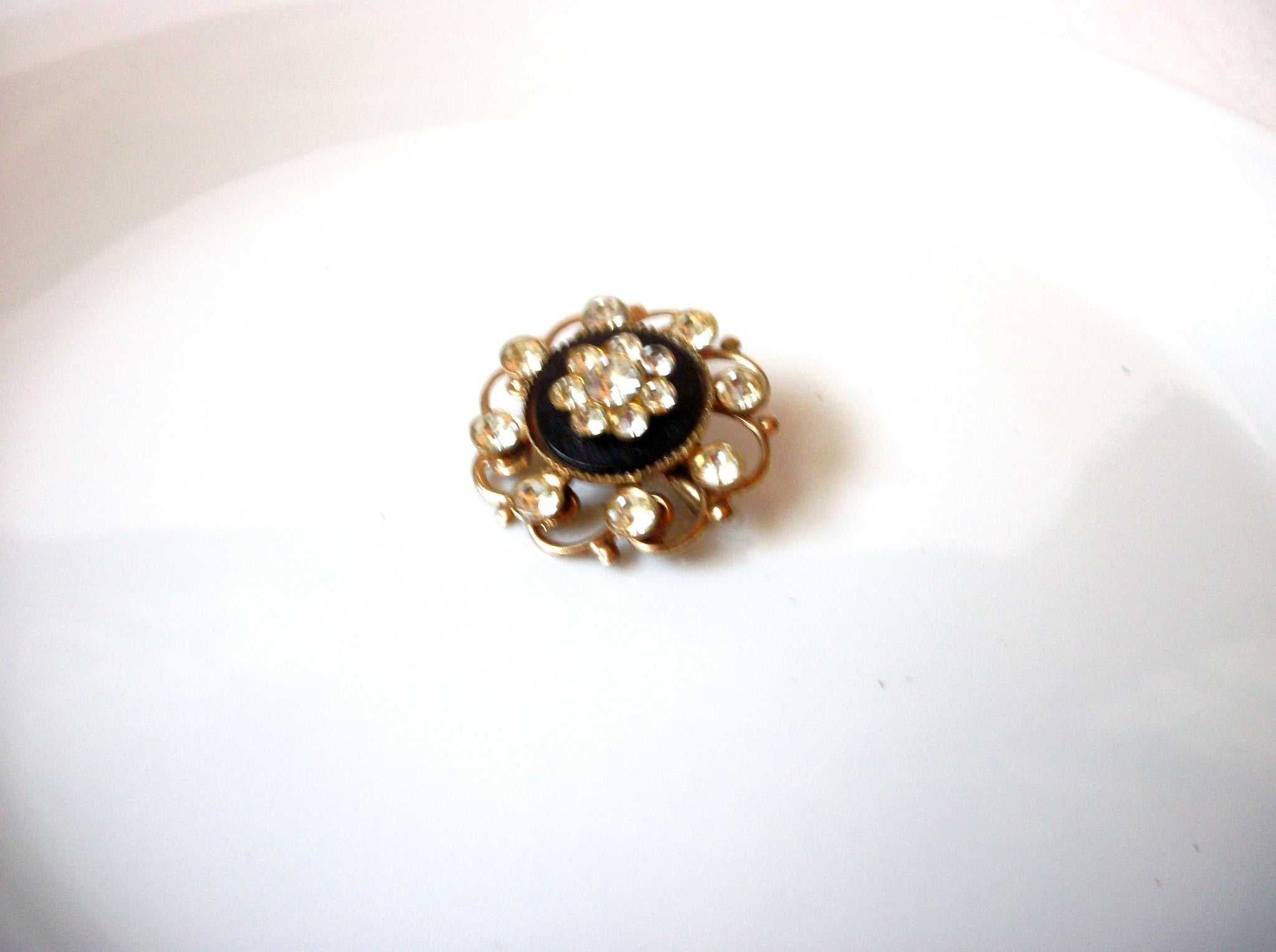 Vintage Clear Rhinestones Black Flower Brooch Pin 121720