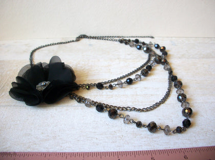 Vintage Black Silk Flower Czech Glass Necklace 63020