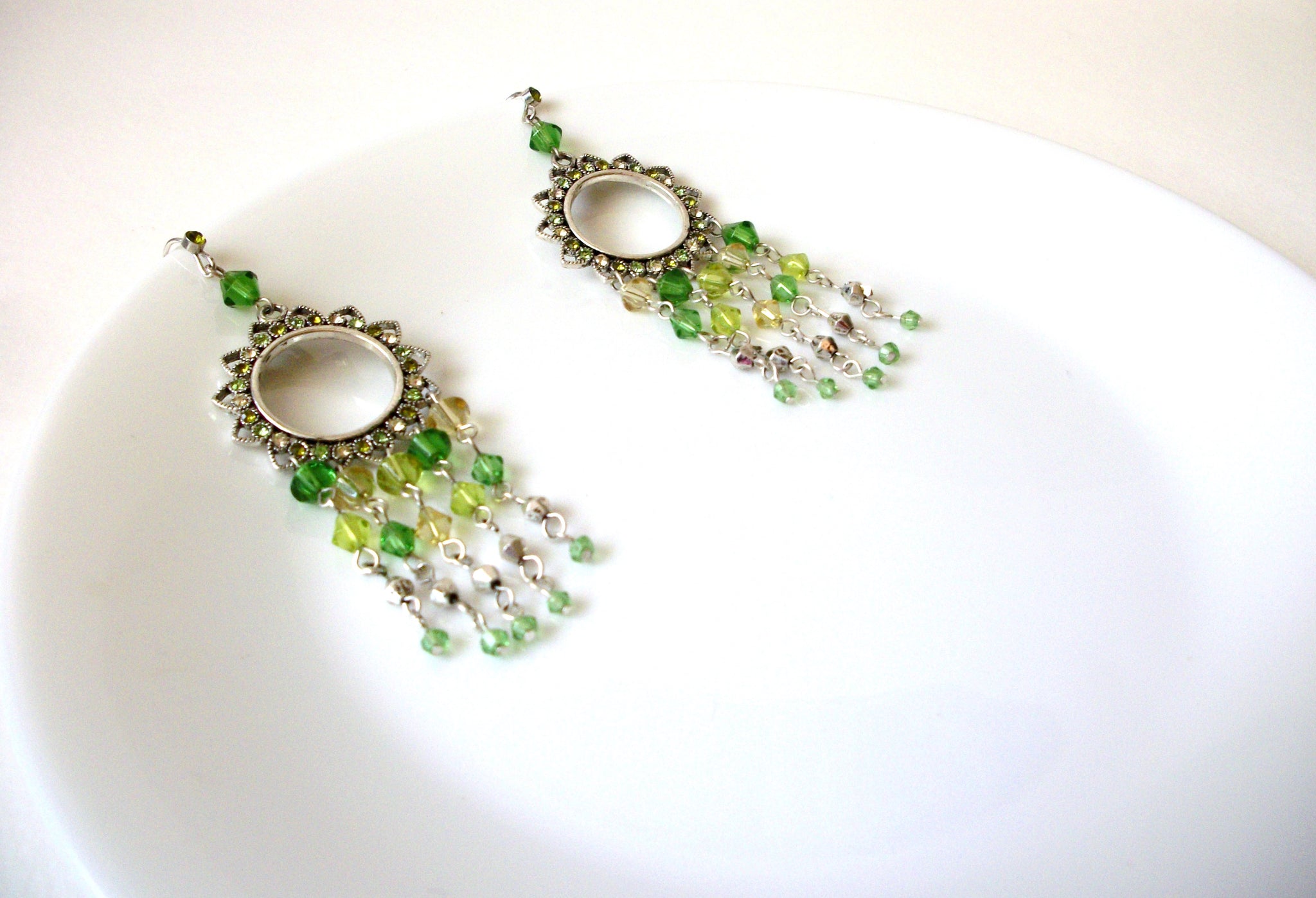 Vintage Green Rhinestones Glass Chandelier Earrings 71218T