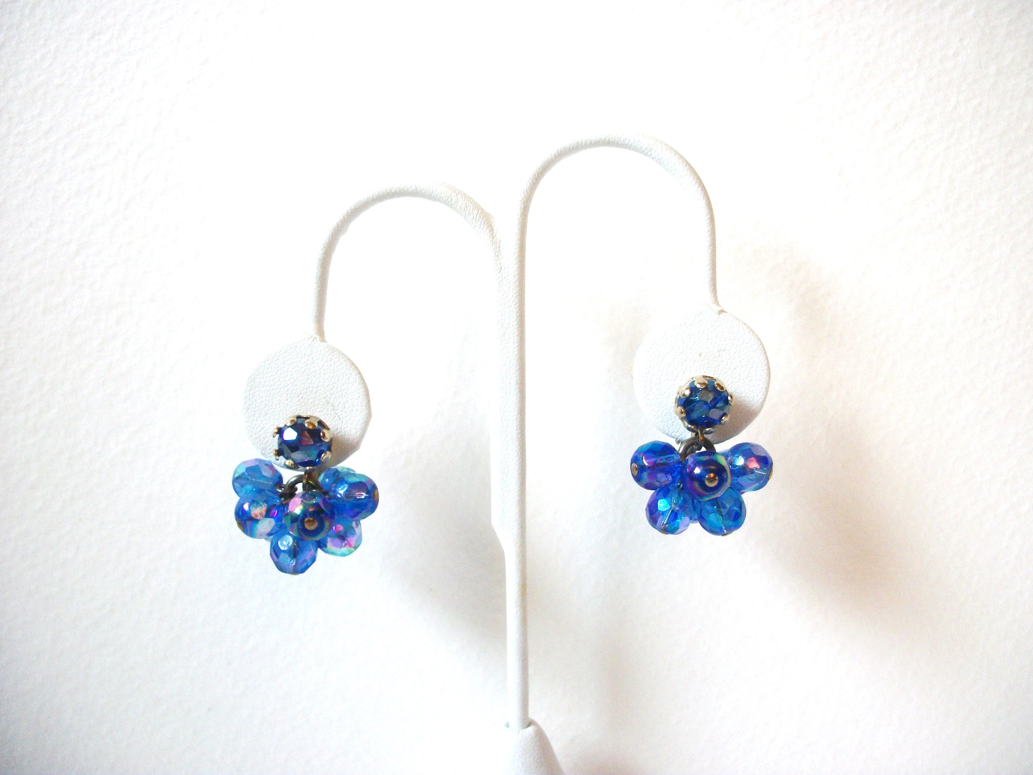 Vintage Iridescent Peacock Blue Crystal Cluster Earrings 101520