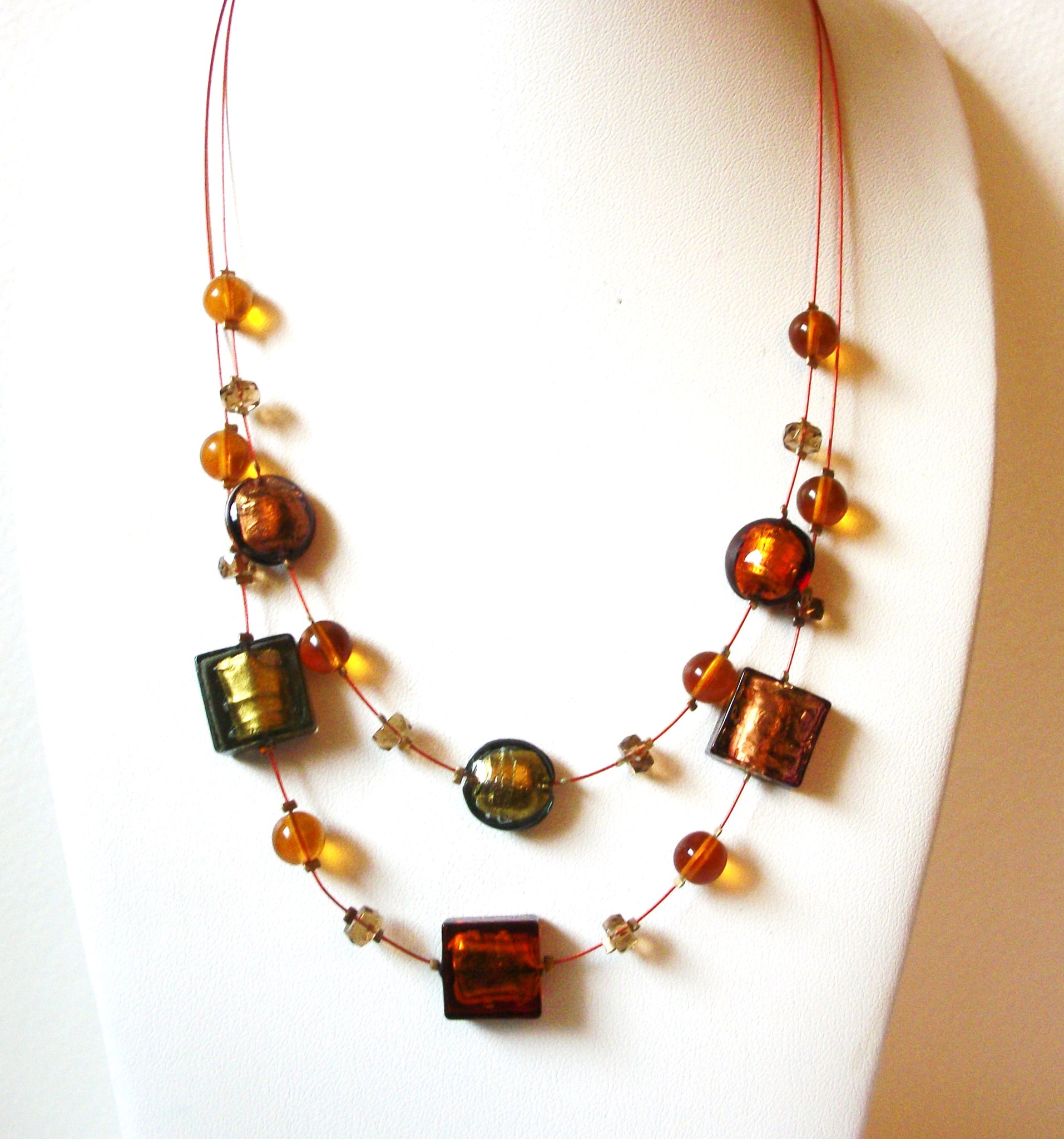 Retro Green Amber Foil Glass Necklace 101520