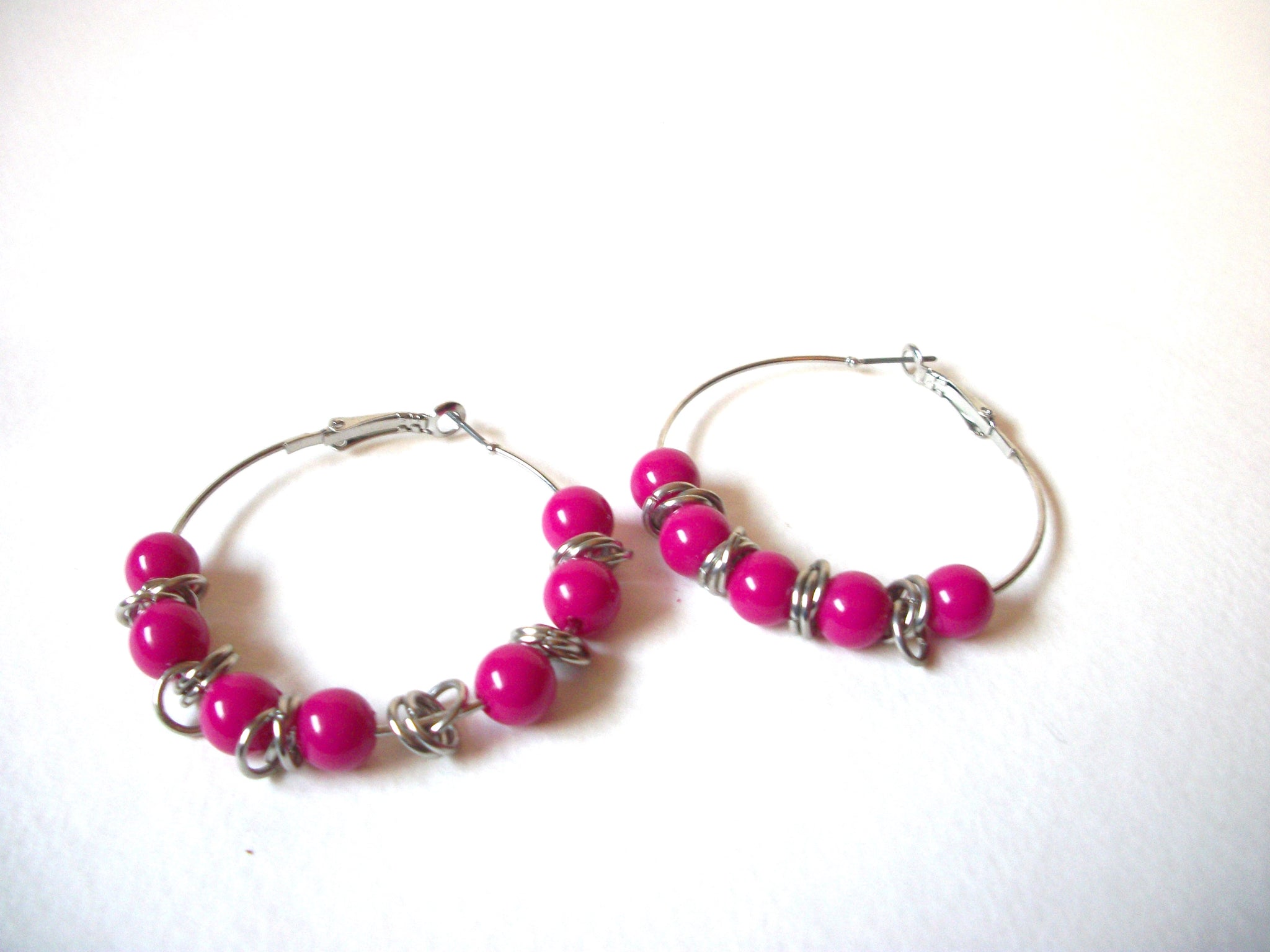 Retro Silver Fuchsia Pink Hoop Earrings 72520