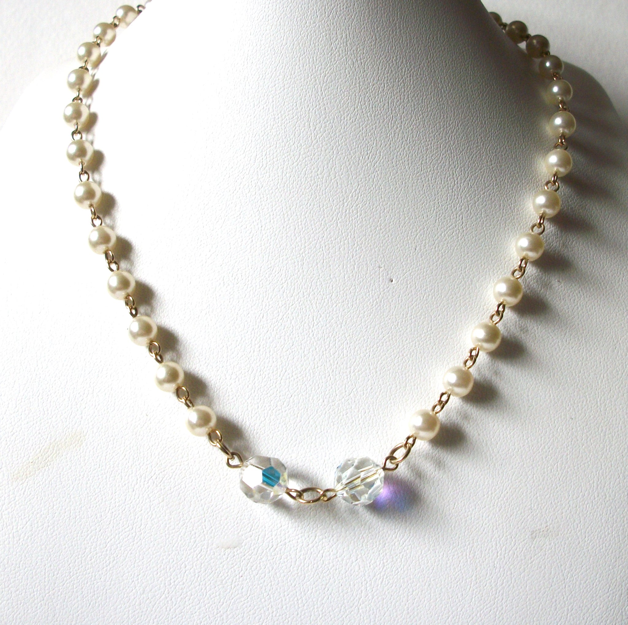 Vintage Glass Pearl AB Crystal Necklace 80620