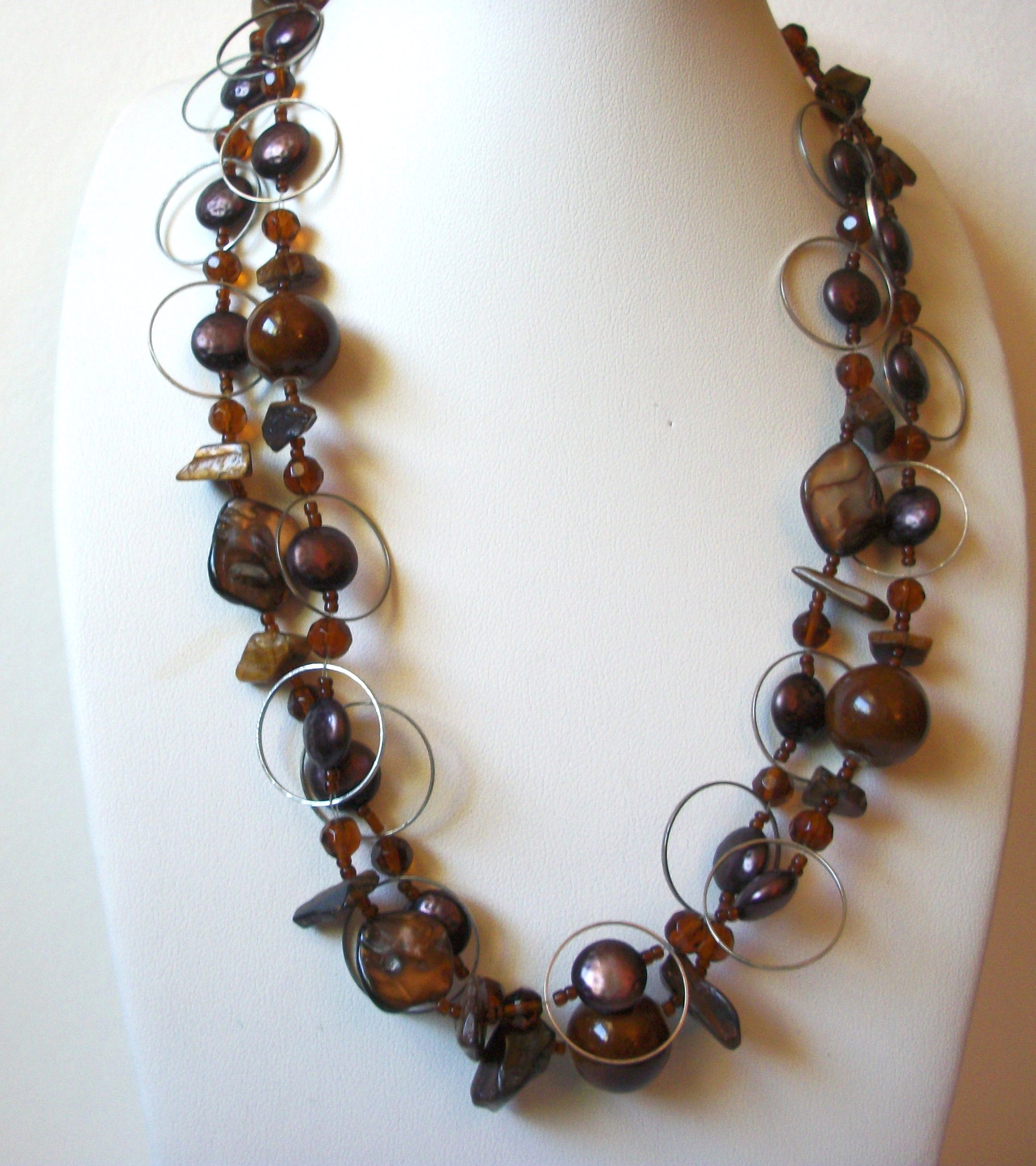 Bohemian Rustic Glass Tigers Eye Shell Necklace 82920