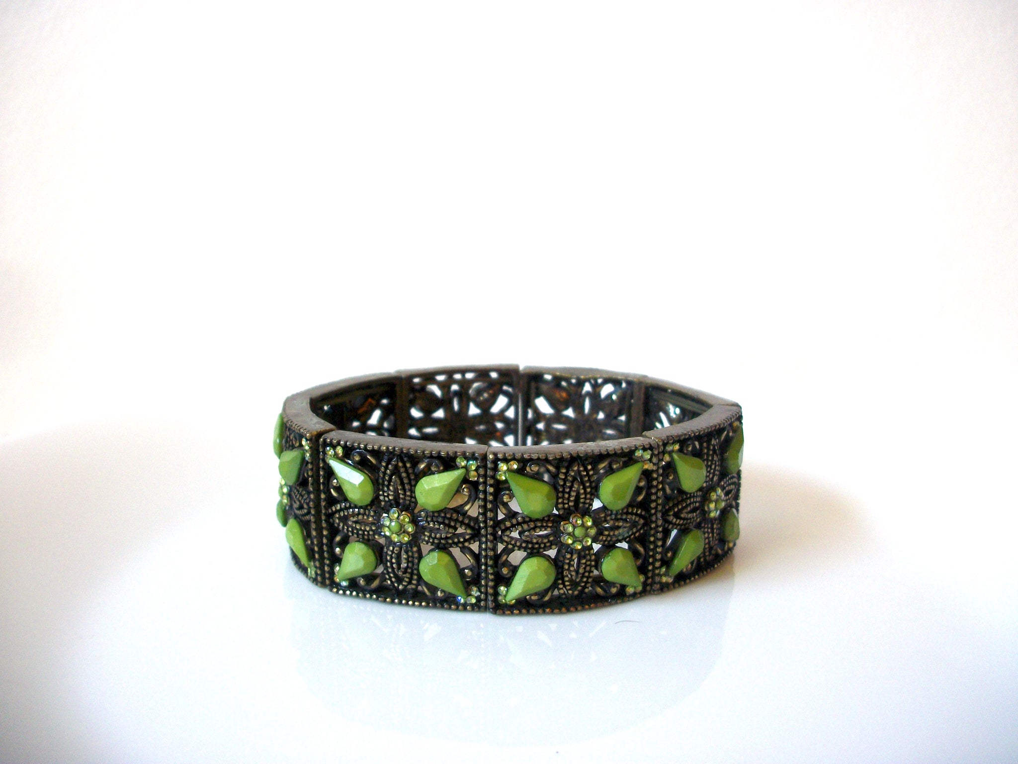 Vintage Bronze Green Rhinestones Bracelet 91020