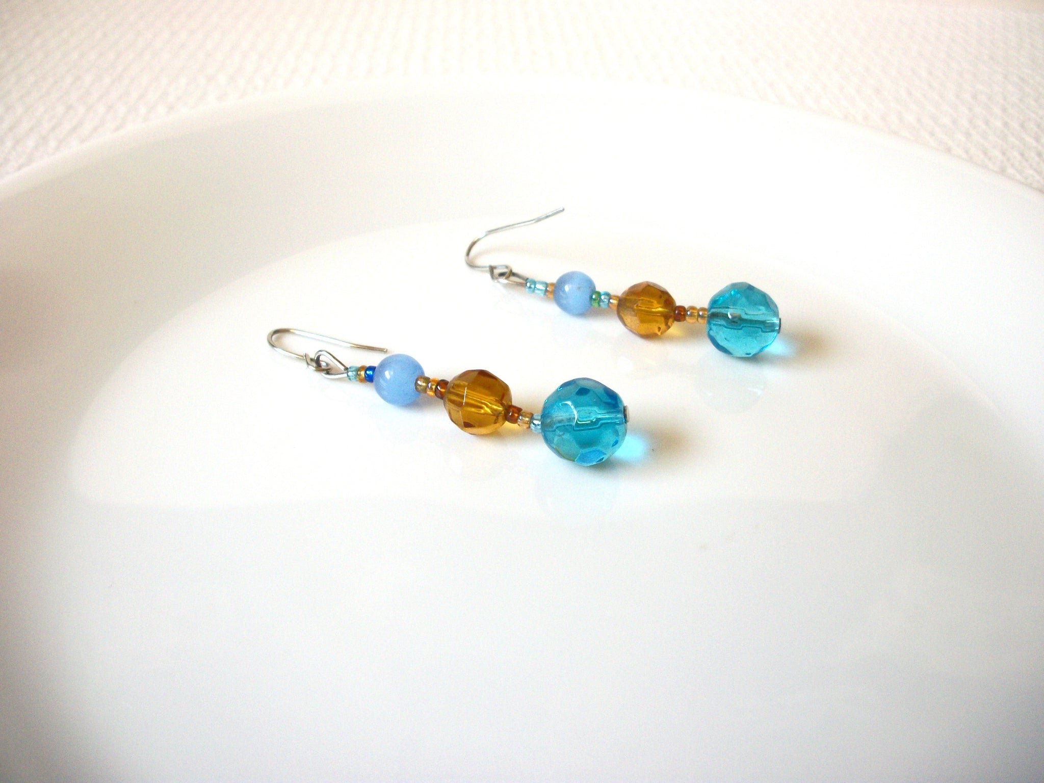 Retro Blue Gold Dangle Glass Earrings 91320