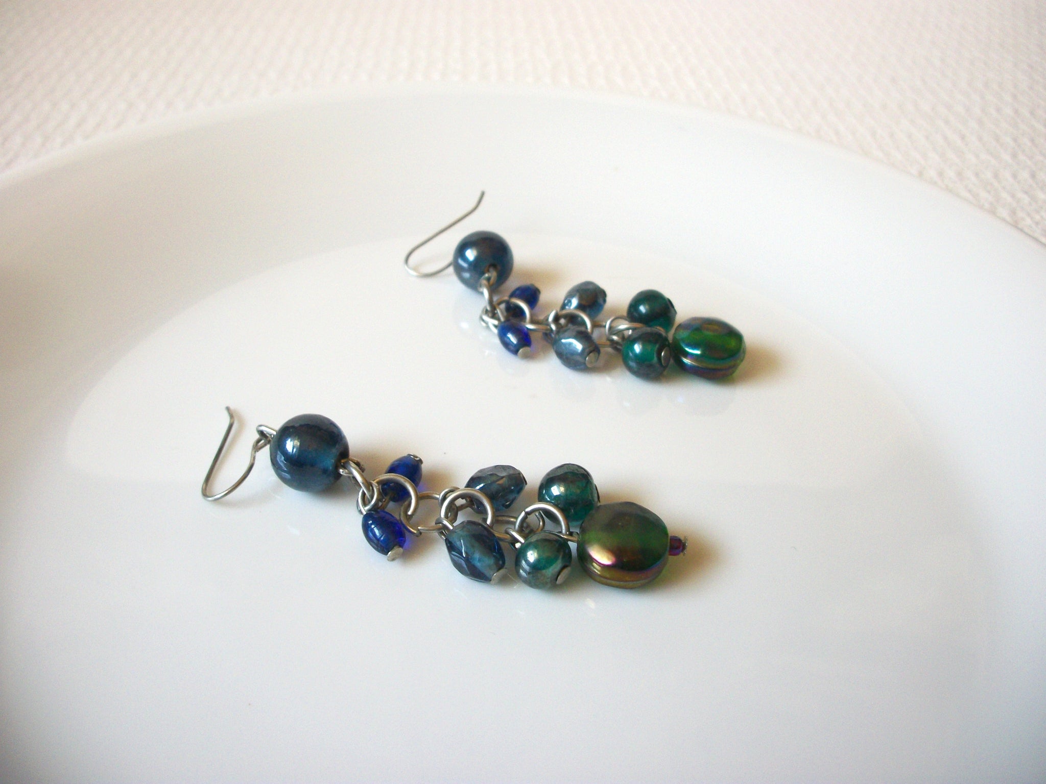 Retro Blue Green Glass Dangle Earrings 91320