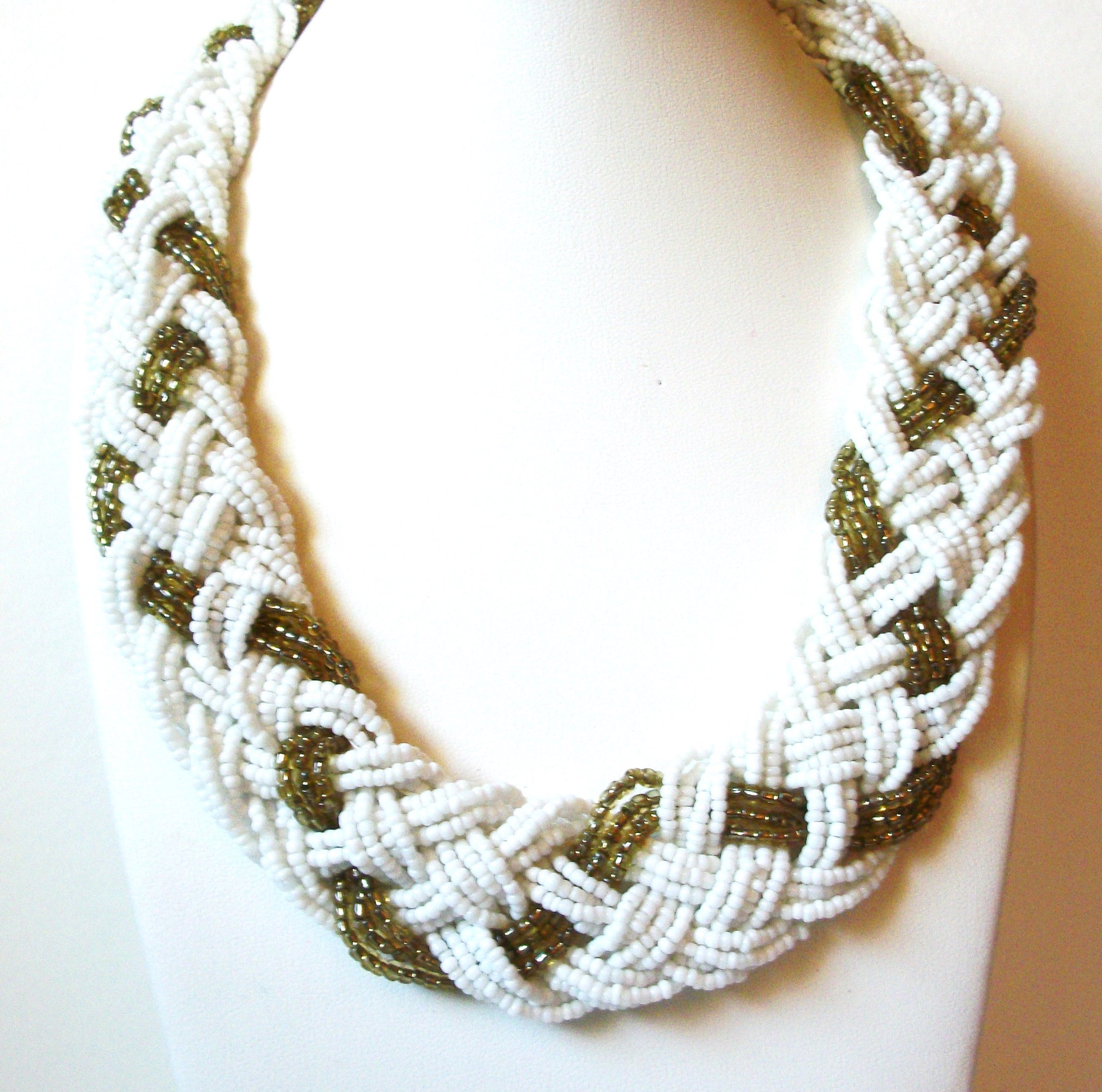 Vintage White Gold Braided Glass Necklace 92320
