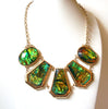 Vintage C Stamped Iridescent Green Gold Statement Necklace 92420