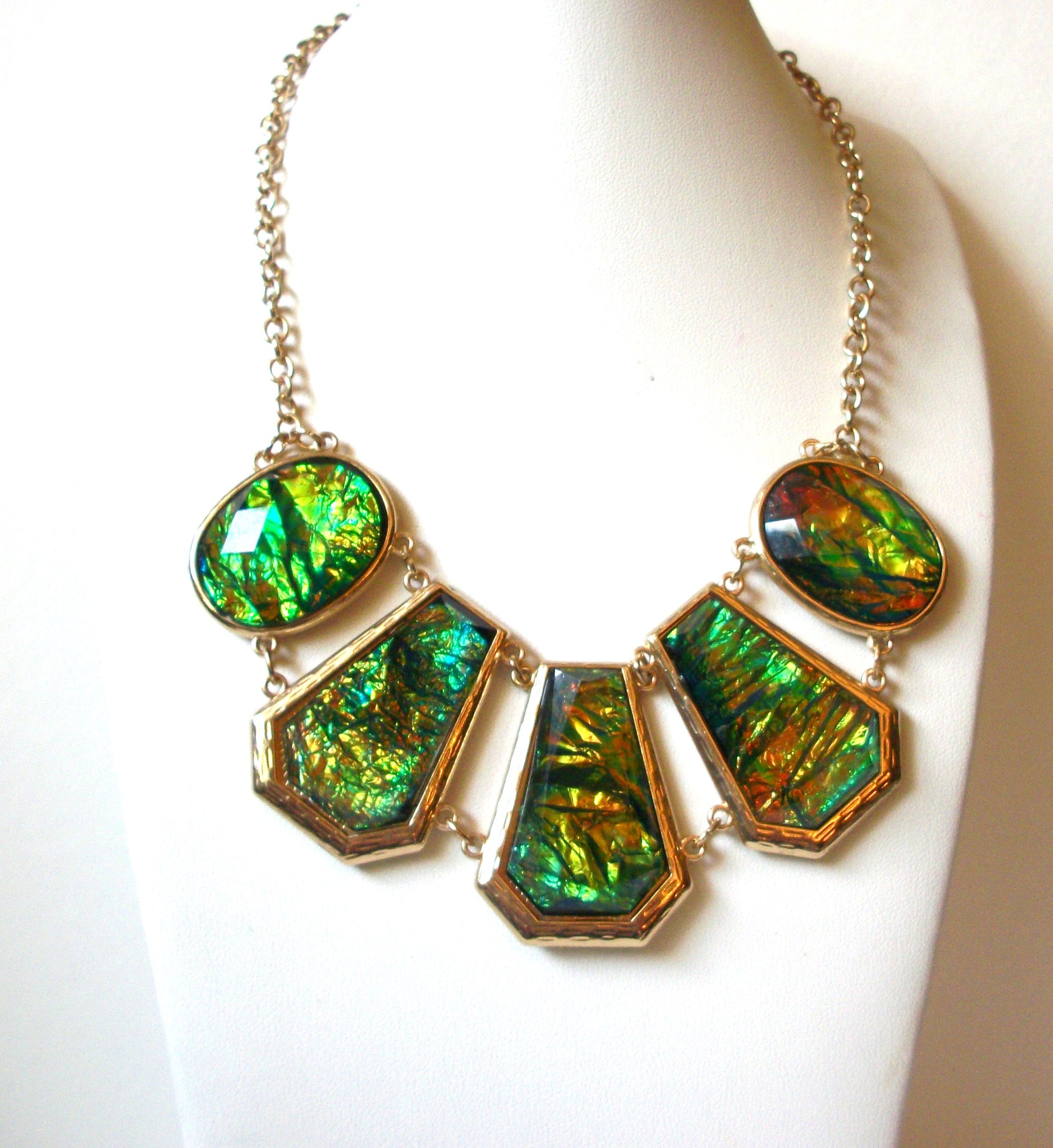 Vintage C Stamped Iridescent Green Gold Statement Necklace 92420