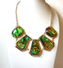 Vintage C Stamped Iridescent Green Gold Statement Necklace 92420