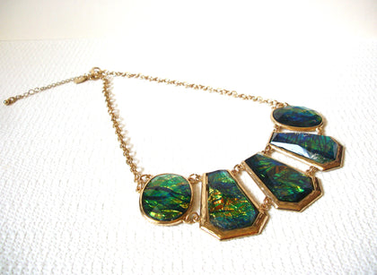 Vintage C Stamped Iridescent Green Gold Statement Necklace 92420