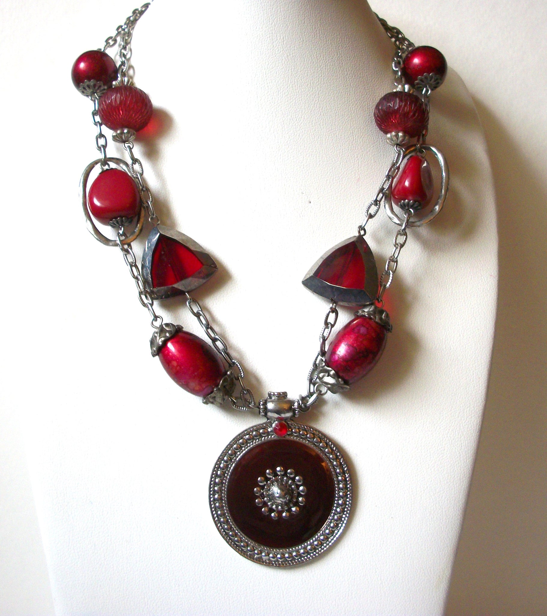 Vintage Silver Cranberry Red Mad Woman necklace 92520