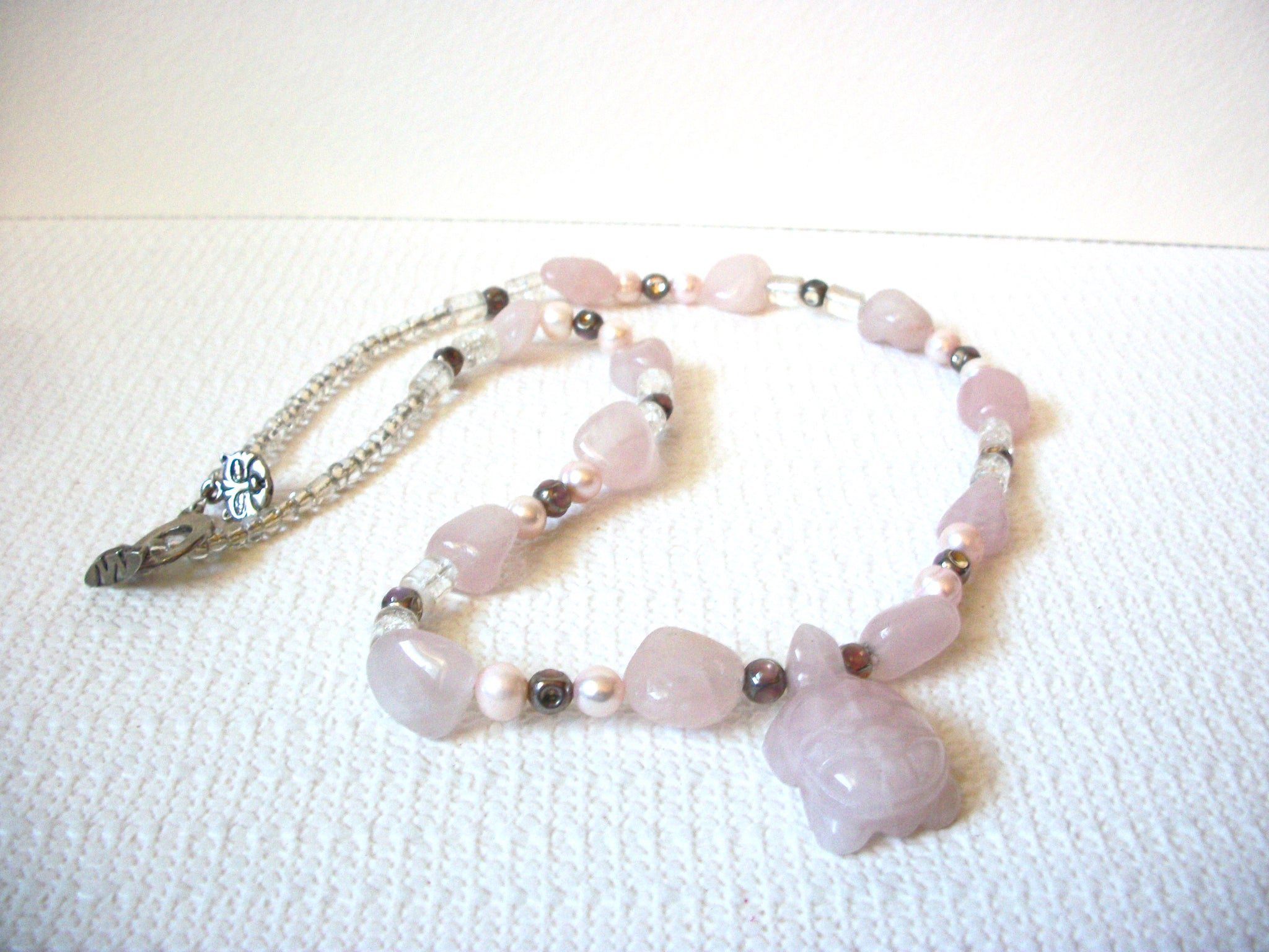 Vintage Rose Quartz Turtle Pendant Necklace 100420