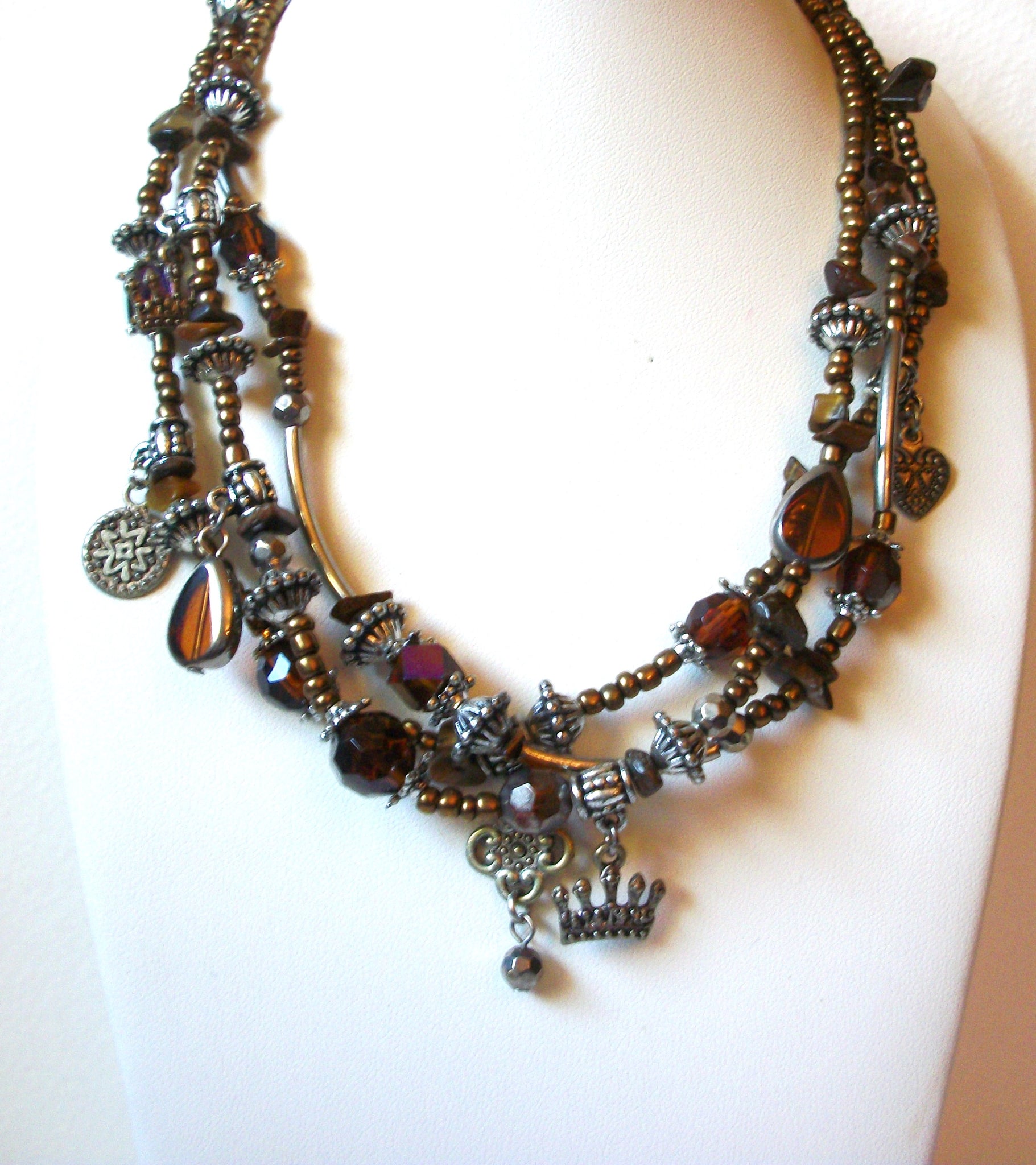 Vintage Bronze Silver Glass Stones Necklace 100520