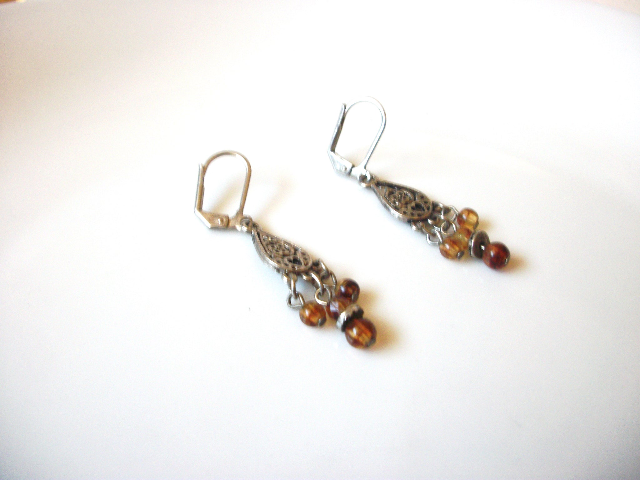 Bohemian Filigree Silver Toned Brown Glass Dangle Earrings 81517
