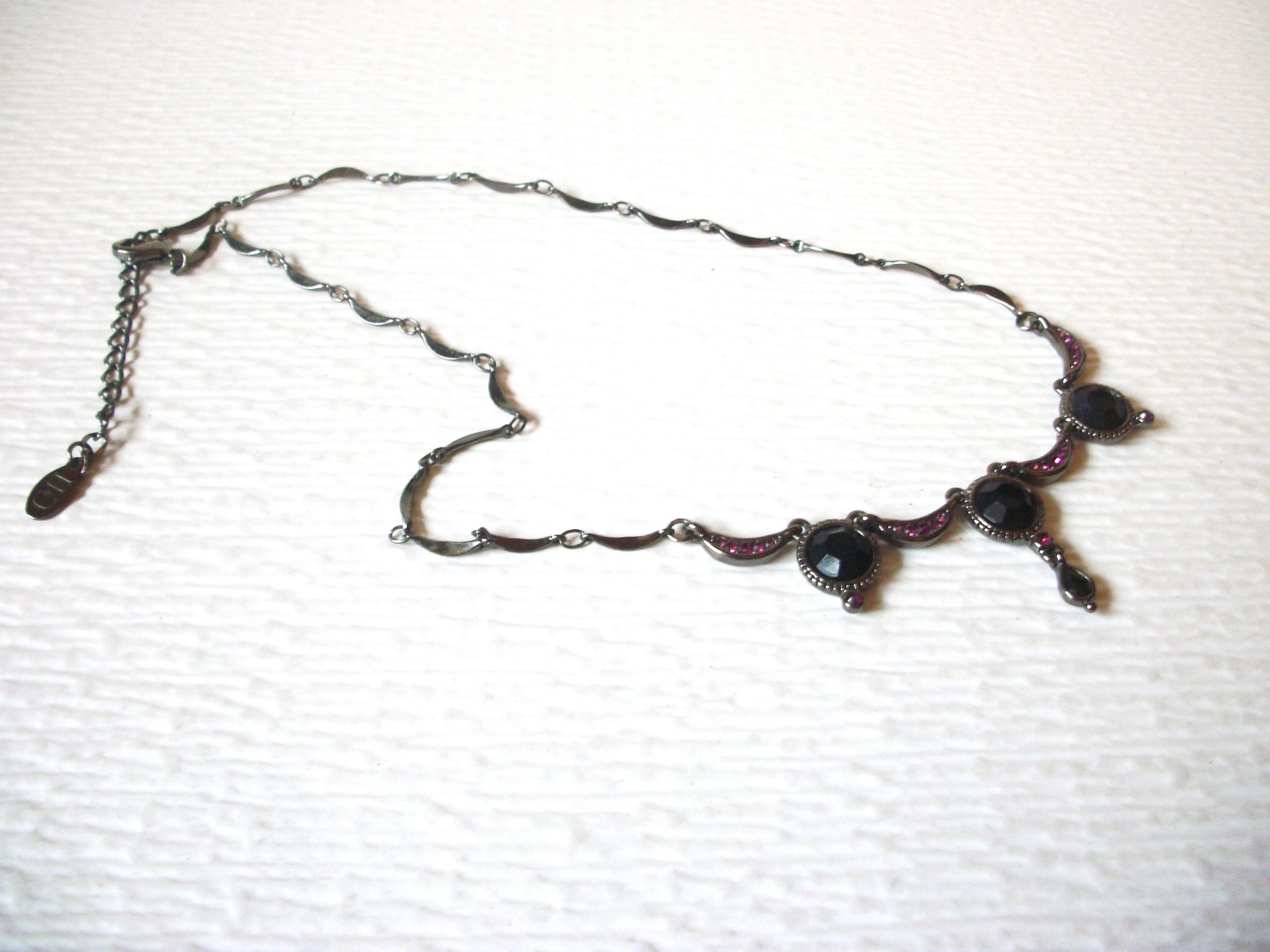 Vintage HC Silver Black Pink Rhinestone 16" Necklace 123016