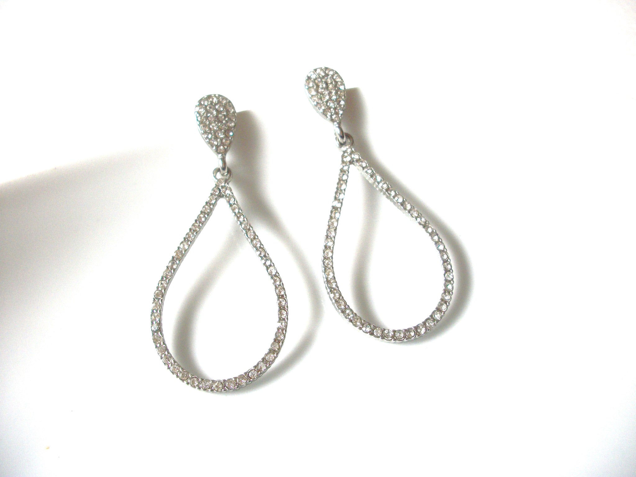 Vintage Silver Toned Clear Rhinestone 2 1/4" Long Dangle Earrings 92816