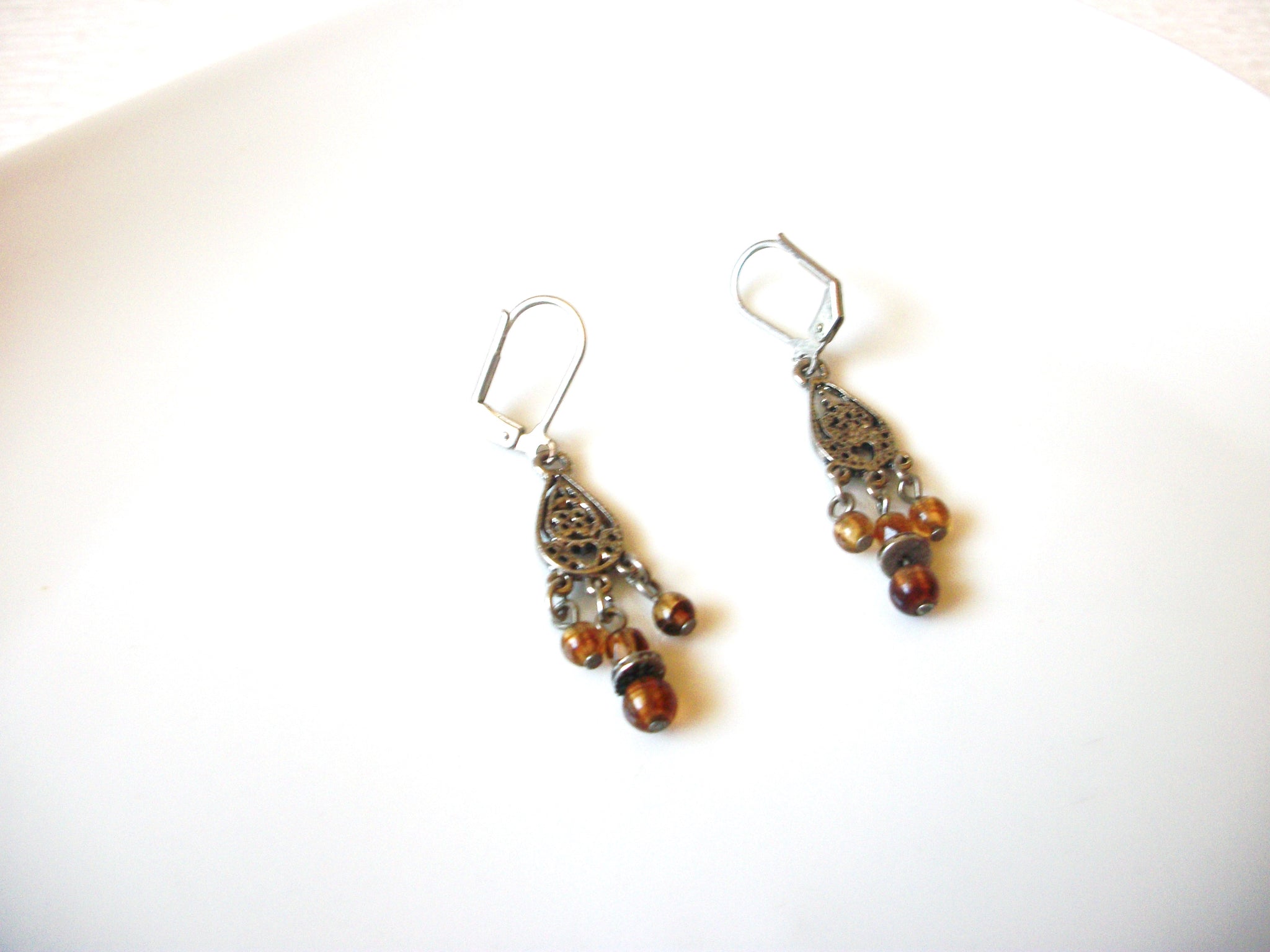 Bohemian Filigree Silver Toned Brown Glass Dangle Earrings 81517