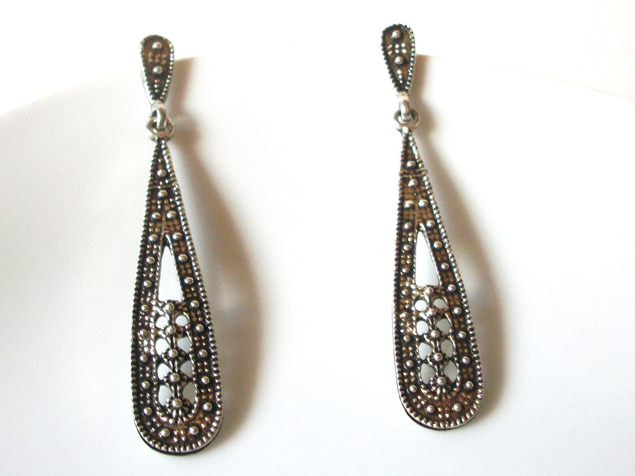 Vintage Ethnic Long Silver Toned Dangle Earrings 92517