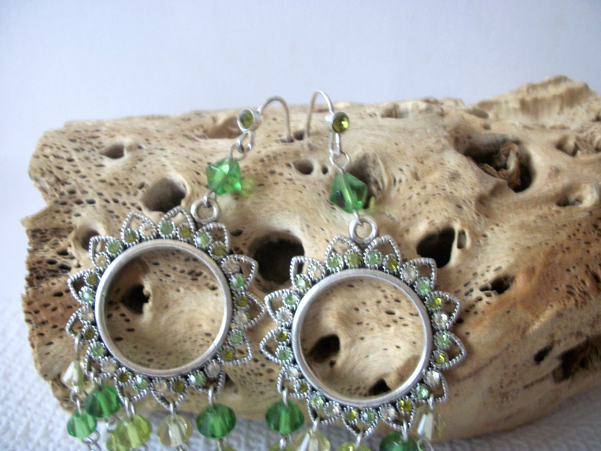 Vintage Green Rhinestones Glass Chandelier Earrings 71218T