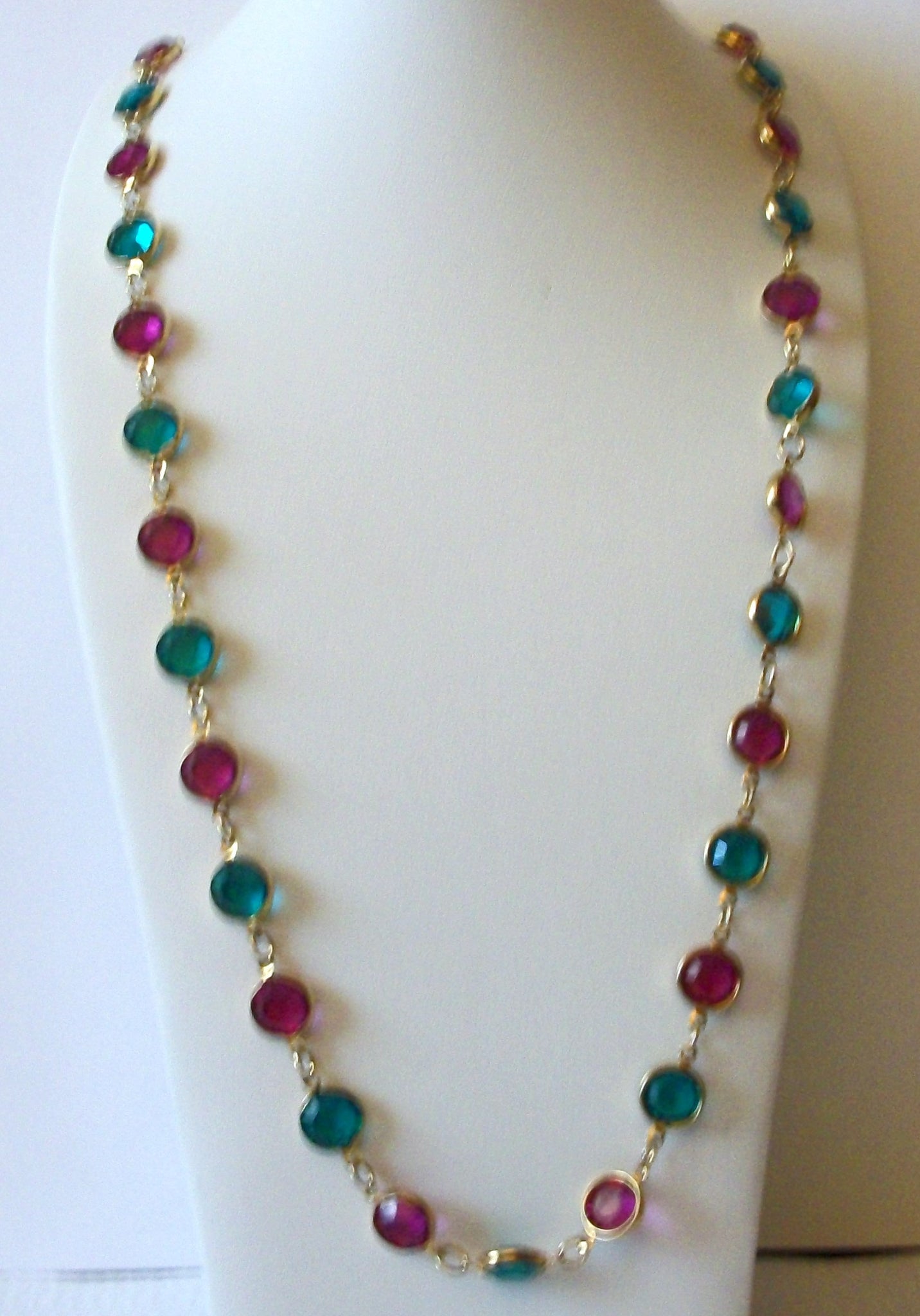 Vintage Stamped Austrian Crystal Teal Fuchsia Necklace 71218Z