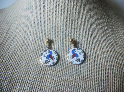 Dainty, Vintage Earrings, Signed, Paradise Bird, White Blue Red, Green, Gold Tone, Pierced Ears 90517