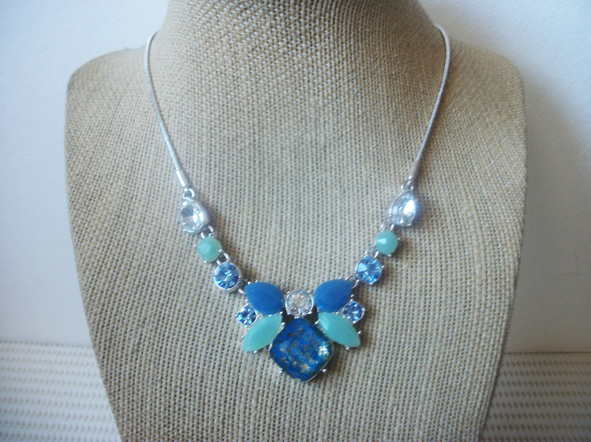 Vintage 18" - 20" Necklace Signed Nine West Bling Clear Rhinestones Blue Bib Style 10417