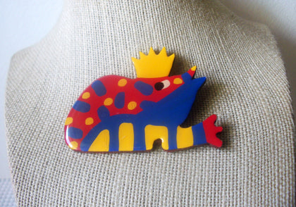 Larger, Colorful Frog Prince Crown, Vintage Jewelry, Brooch Pin 91617