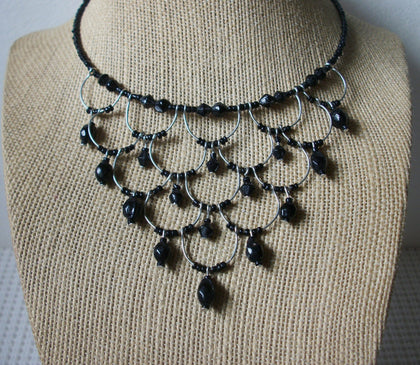 Vintage Victorian Black Beaded Choker Necklace, Silver Tone Adjustable 030521