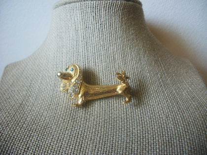 Wiener Dog, Textured Brushed, Gold Tone,Clear and Green, Rhinestones, Brooch Pin 72517