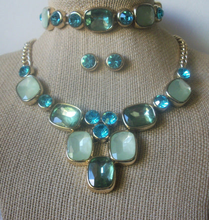 Vintage Jewelry Crown TRIFARI 3 Piece Set Blue Green Glass Crystal Rhinestones Gold Tone Necklace, Bracelet and Stud Earrings 121716