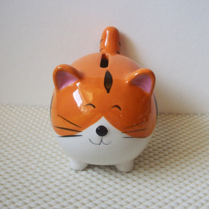 Adorable Hand Painted Orange White Black Striped Kitty Bank Ceramic C300