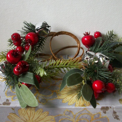 Vintage Set Of 4 Christmas Napkin Holder Rings With Silver Bells, Faux Pine Branch Rose Hips C300