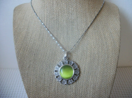 Gorgeous Vintage 22" Signed TRIFARI Green Peridot Glass Pendant Silver Tone Chain 030421