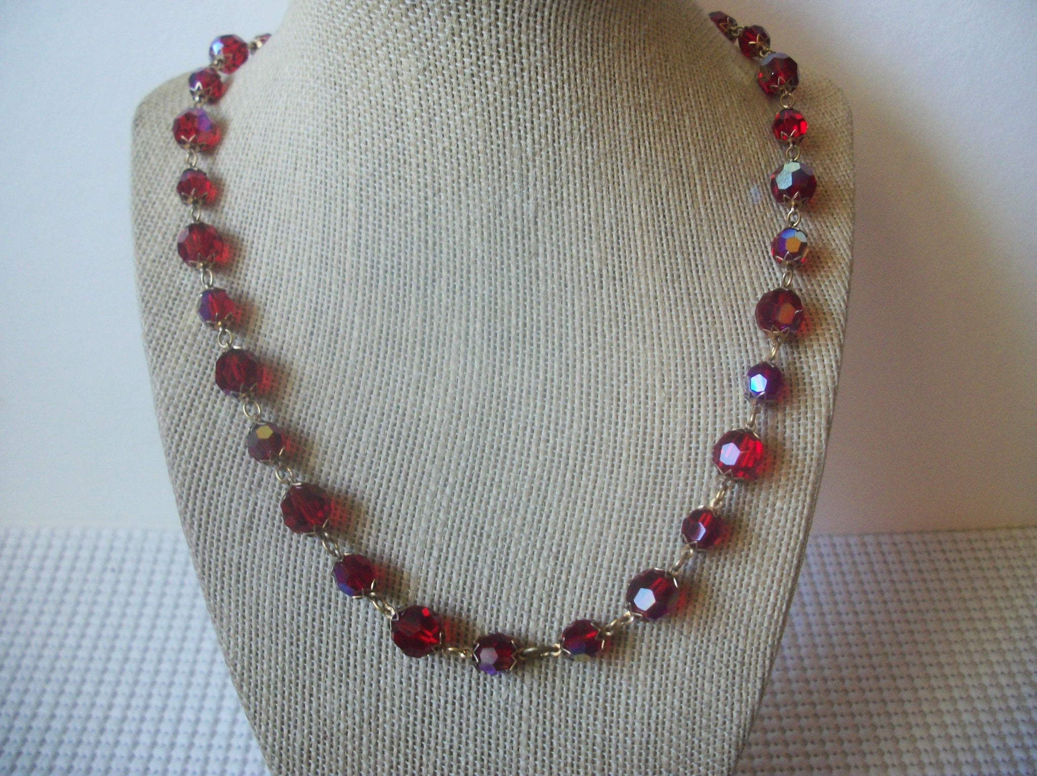 Vintage Gold Toned Red Czech Glass 20" Long Necklace 8216