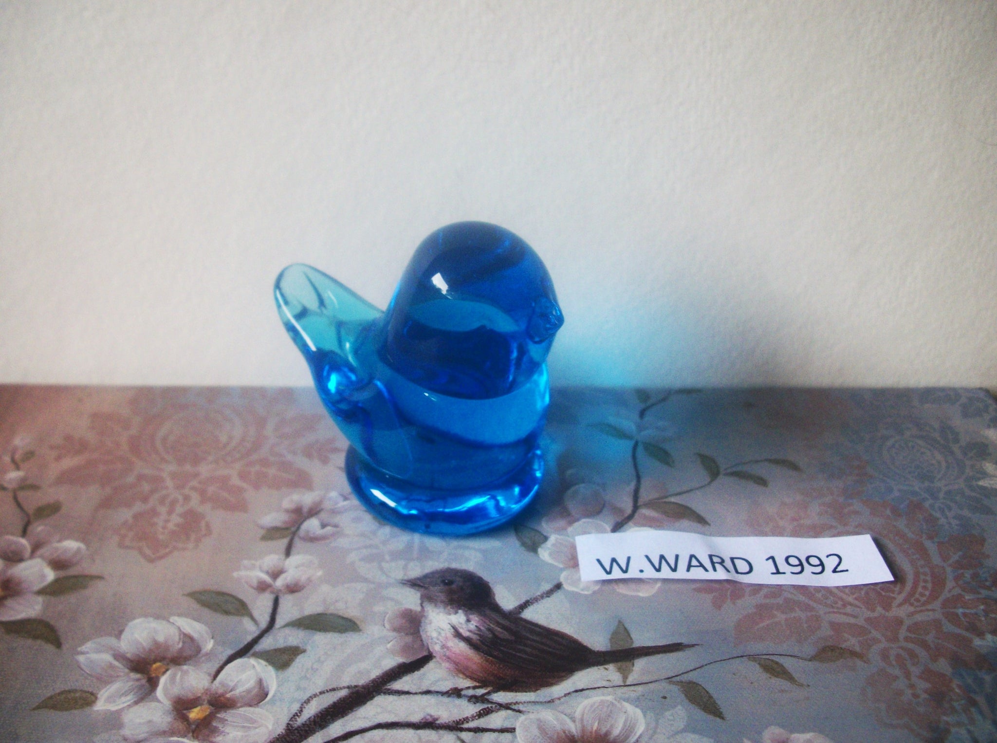 Vintage Small Blue Glass Marked W Ward 1992 Blue Bird Of Happiness, Bookcase Decor, Bedside Table, Collectible, Gift for Bird Lover C300